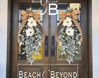 Lambs Ear Farmhouse Teardrop Swag Wreath For Front Door, Wall, Sprng