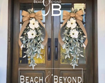 Magnolia & Lamb’s Ear Swag; Magnolia Swag; Teardrop Door Hanger Spring Summer Year Round Everyday Wreath farmhouse decor, double door wreath