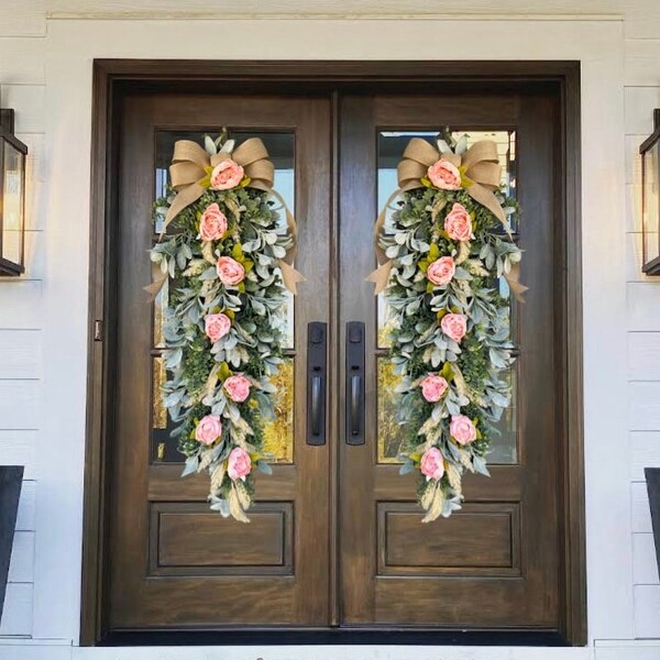 Large Pink Peony Swag; Lamb’s Ear, Eucalyptus & Pampas Swag; Large Peony Swag, burlap pink green front double door swag farmhouse summer