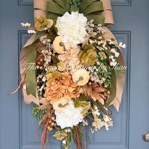 Large Neutral Fall Swag; Beige Pumpkin Swag, Hydrangea Swag, white tan green front double door swag  pumpkin fall swag classy big metallic