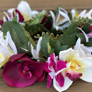 Tropical Forever Haku - adjustable Tahitian flower crown with cymbidium orchids, butterfly orchids, spider lilies, tropical leaves - wedding