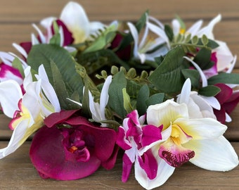 Tropical Forever Haku - adjustable Tahitian flower crown with cymbidium orchids, butterfly orchids, spider lilies, tropical leaves - wedding