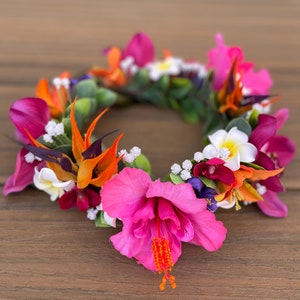 Tropical Forever Haku - adjustable Tahitian flower crown with hibiscus, birds of paradise, cymbidium orchids, tiger lilies, plumeria