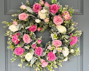 Pink Peony Wreath, Front Door Wreath, Peony Wreath, Farmhouse Wreath, peony flowers eucalyptus lambs ear, front door wreath, Pink Peonies