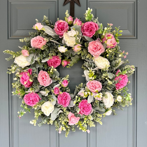 Pink Peony Wreath, Front Door Wreath, Peony Wreath, Farmhouse Wreath, peony flowers eucalyptus lambs ear, front door wreath, Pink Peonies