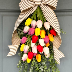 Spring Swag; Real Touch Tulips and Eucalyptus Swag; French Country; Spring Decor; Tulip front door swag; Tulip Spring Wreath; Gift