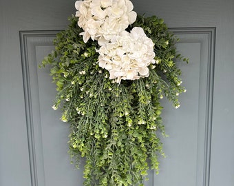 Large Hydrangea Swag; Eucalyptus Swag, Hydrangea Swag, Beach Swag, neutral everyday beach lake green front double door swag farmhouse white