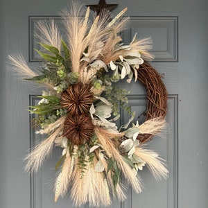 Fall Boho Wreath, Pumpkin Wreath, Fall Grapevine, Everyday Wreath, Pampas Fall Wreath, Front Door Decor, double door front wreath neutral