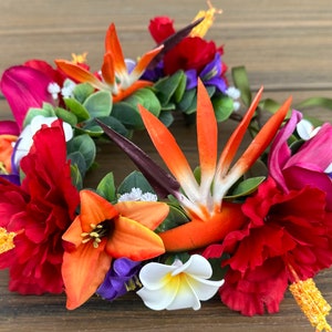 Tropical Forever Haku - adjustable Tahitian flower crown with hibiscus, birds of paradise, cymbidium orchids, tiger lilies, plumeria