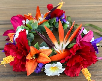 Tropical Forever Haku - adjustable Tahitian flower crown with hibiscus, birds of paradise, cymbidium orchids, tiger lilies, plumeria