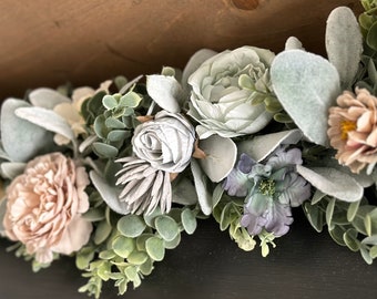 Spring Garland, Summer Garland, Mantel Garland, Spring Decoration, Spring Decor, Swag, flowers eucalyptus lambs ear blue mint ivory flower