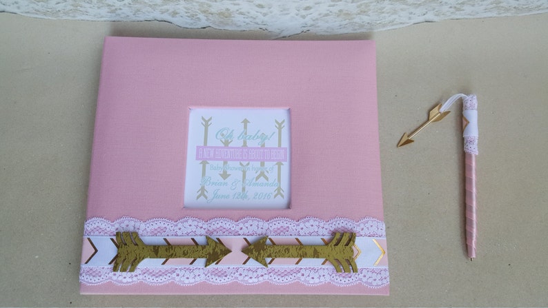 Boho Arrow & Lace Guest Book Set  - Baby Shower, Wedding, Etc - Choice of Colors- Arrows Teepee Feathers Gold Chevron Pen Guestbook Sign
