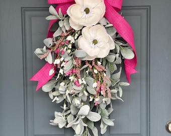 Magnolia, Eucalyptus & Lamb’s Ear Swag; Magnolia Swag; Double Door Swags; Teardrop Door Hanger Spring Summer Wreath farmhouse double doors