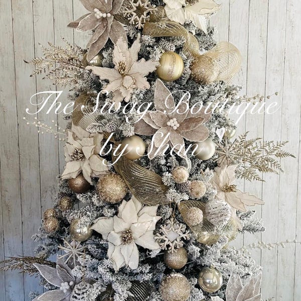 Champagne Christmas Tree Kit - Woodland -Bundle includes ornaments, picks, topper - winter wonderland decorate Xmas kit box all gold white