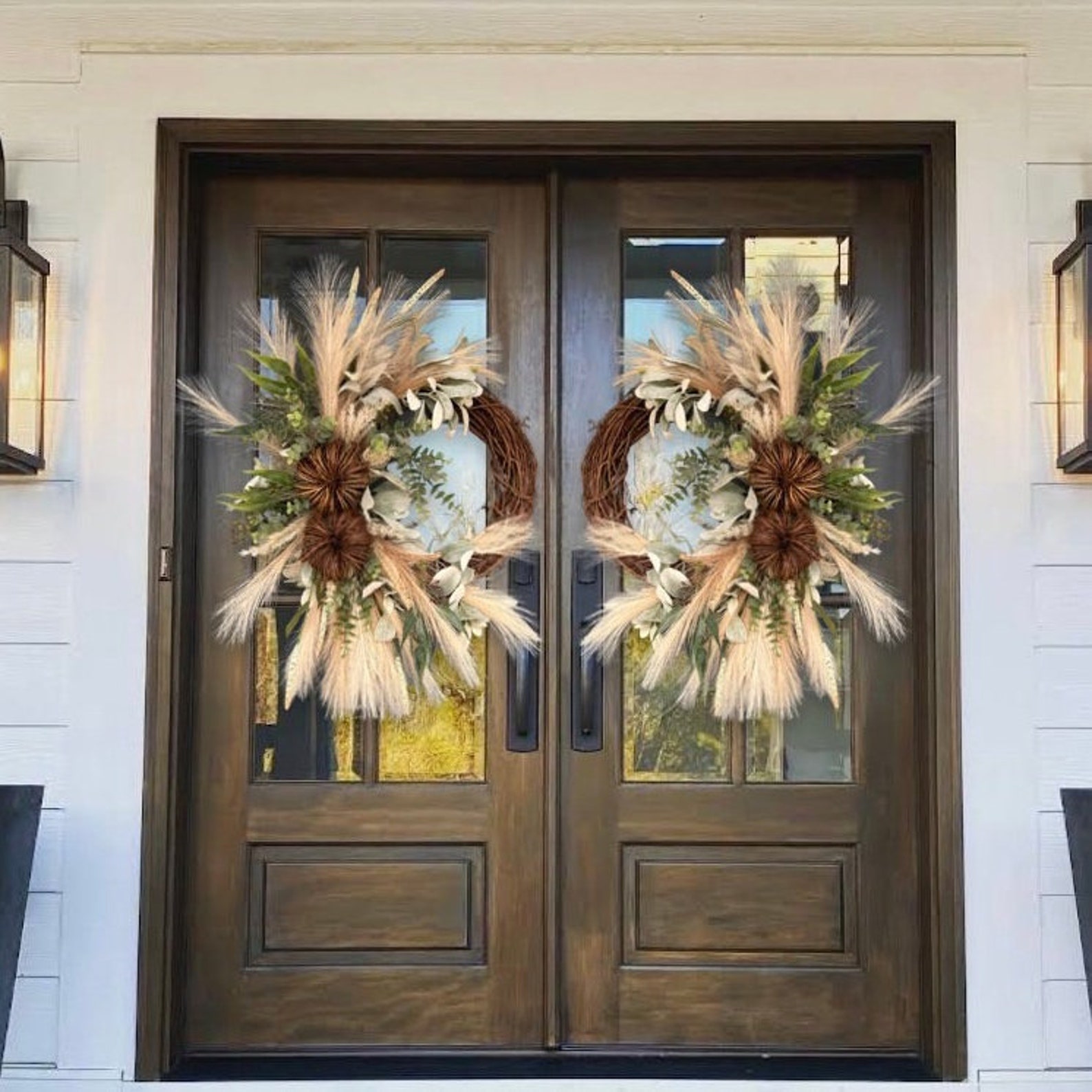 Double Door Fall Boho Wreath, Pumpkin Wreath, Fall Grapevine, Everyday ...