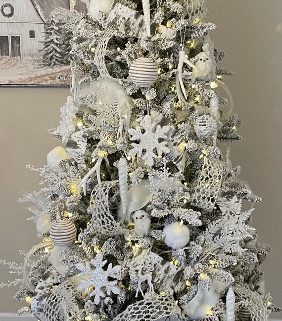Tree Kit White Woodland Christmas -Bundle includes Tree skirt, ornaments, picks, topper - fur owls deer white winter everything owl box xmas