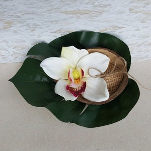 Tropical Ring Pillow - Coconut, Palm Leaf and Orchid (white, fuchsia, green, blue)- Ring Bearer Alternative Palm Wedding Hawaiian Ringbearer