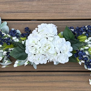 Hydrangea & Lamb’s Ear Swag; Navy Blue and White Swag; Horizontal Swag; Nautical Lake Kitchen Summer Year Round Everyday Wreath farmhouse