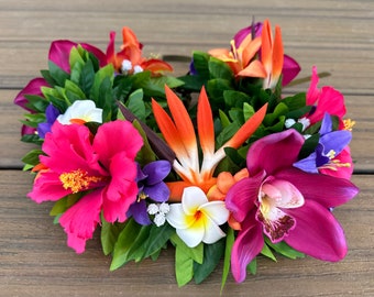 Tropical Forever Haku - adjustable Tahitian flower crown with hibiscus, birds of paradise, cymbidium orchids, tiger lilies, plumeria