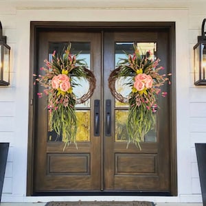 Pink Every Day Wreath, Peony Wreath, Double Door, Year Round Wreath, Spring Decor, Pink Wreath, Grapevine Wreath, front door wreath, swag