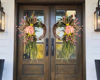 Pink Every Day Wreath, Peony Wreath, Double Door, Year Round Wreath, Spring Decor, Pink Wreath, Grapevine Wreath, front door wreath, swag