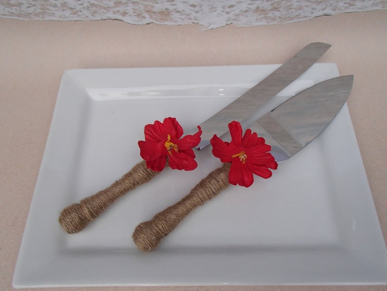 Red Hibiscus Cake Knife & Server Set Burlap Twine With Red Etsy