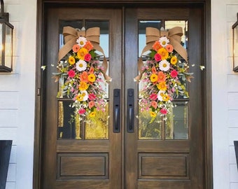 Large Daisy Swag; Daisy & Lamb’s Ear Swag; Teardrop Double Door Hanger Fall Everyday decor yellow pink eucalyptus pampas summer spring entry