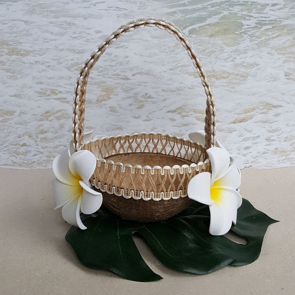 Small Coconut Flower Girl Basket - with Palm Leaf, Burlap & Plumeria - Tropical Rustic Beach Wedding Hawaiian Coconuts Shell Natural Flowers