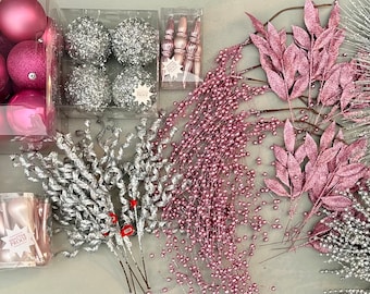 Pink & Silver Christmas Tree Kit, Pink Christmas Tree, Tree Decorations, Princess Christmas, Pink Christmas, kids room glitter pink glam box