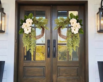 Double Door Magnolia Wreaths, Everyday Wreath, Magnolia & Lotus, Front Door Decor, Swag, front door wreath lotus white green grapevine