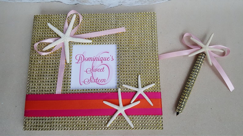 Sweet 16 Etc Birthday Party Beach Bling Guest Book Set Rhinestone Diamond Gold Starfish Sand Dollar- Guestbook 16 15 Quinceanera