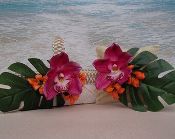 Tropical Beach Basket & Pillow - Choice of colors- Flower Girl Ring Bearer Plumeria Wedding Hawaiian Beach Burlap monstera palmShabby Chic