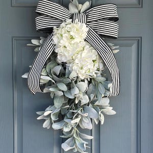 Hydrangea & Lamb’s Ear Swag; Hydrangea Swag; Teardrop Door Hanger Spring Summer Year Round Everyday Wreath farmhouse decor double door white