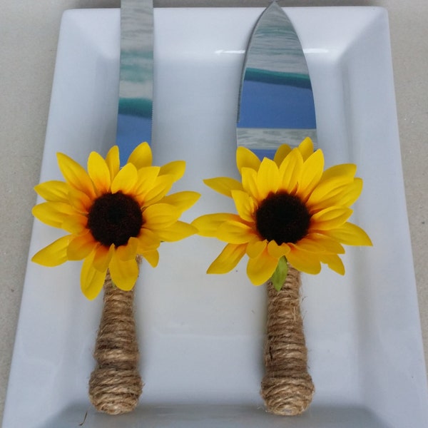 Sunflower Cake Knife & Server Set - Burlap Rustic Country Fall Autumn Country Chic Wedding Serving Cut Sun Flower