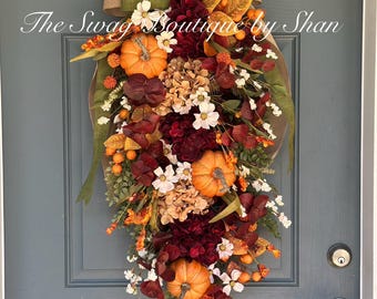 Large Fall Swag; Hydrangea & Pumpkin Swag, Hygrangea Swag, front double door swag pumpkin fall swag classy big burgundy wine white orange