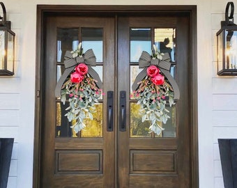 Peony & Lamb’s Ear Swag; Pink Peony Swag; Teardrop Door Hanger Spring Summer Year Round Everyday Wreath farmhouse decor stripes striped pink