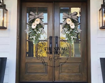 Magnolia, Eucalyptus & Lamb’s Ear Swag; Magnolia Swag; Double Door Swags; Teardrop Door Hanger Spring Summer Wreath farmhouse double doors