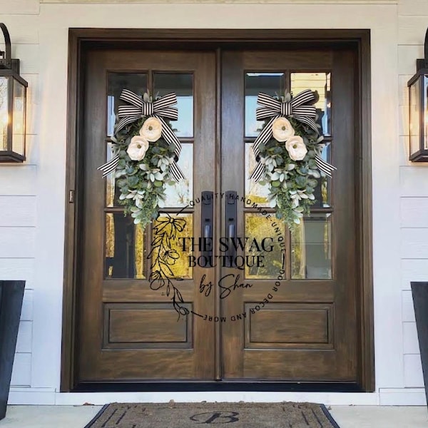 Magnolia, Eucalyptus & Lamb’s Ear Swag; Magnolia Swag; Double Door Swags; Teardrop Door Hanger Spring Summer Wreath farmhouse double doors