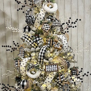 Tree Kit Black & White Christmas - Buffalo Tree Kit - Inc tree skirt, ornaments, picks, topper - Black and White Buffalo plaid burlap Xmas