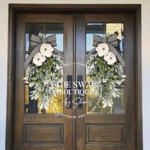 Magnolia, Eucalyptus & Lamb’s Ear Swag; Magnolia Swag; Double Door Swags; Teardrop Door Hanger Spring Summer Wreath farmhouse double doors