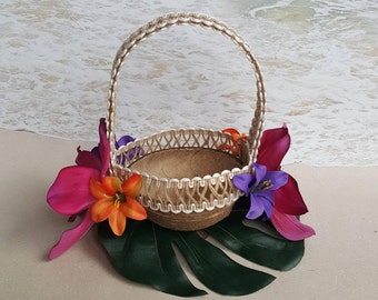 Coconut Flower Girl Basket - with Palm Leaf, Burlap, Lilies & Orchids - Tropical Beach Wedding Hawaiian Tree Coconuts Shell Natural Flowers