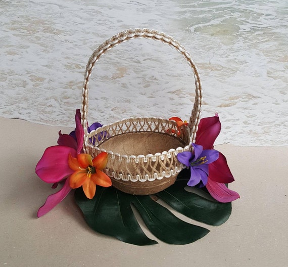 Coconut Flower Girl Basket With Palm Leaf Burlap Lilies Orchids Tropical Beach Wedding Hawaiian Tree Coconuts Shell Natural Flowers