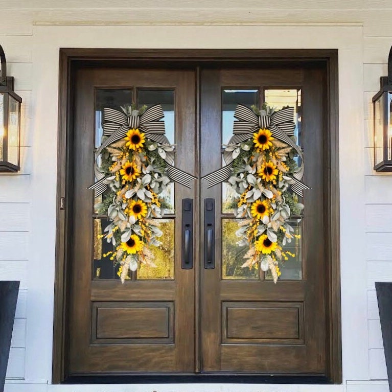 Sunflower & Lamb’s Ear Swag; Farmhouse Swag; Teardrop Double Door Hanger Fall Everyday  farmhouse decor yellow sun eucalyptus pampas autumn