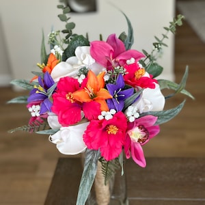 Tropical Forever Bouquet - wedding bridal bouquet with hibiscus, cymbidium orchids, tiger lilies, eucalyptus - Hawaiian beach bride pink