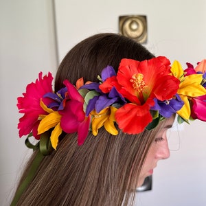 Tropical Forever Haku - adjustable Tahitian flower crown with hibiscus, tiger lilies, plumeria, eucalyptus, lilies - hat floral crown Hawaii