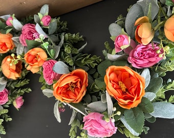 Peony Garland, Peony Wedding Garland, Lighted Garland, Wedding Garland, Table Decor, flowers eucalyptus lambs ear pink orange peonies swag