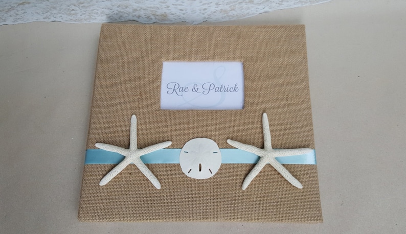 Wedding Guest Book Scrap Custom Monogram 12x12-Choice of Color Starfish Scrapbook or Photo Album Burlap with Sand Dollar /& Starfish