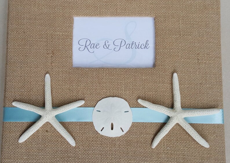 Wedding Guest Book Scrap Custom Monogram 12x12-Choice of Color Starfish Scrapbook or Photo Album Burlap with Sand Dollar /& Starfish