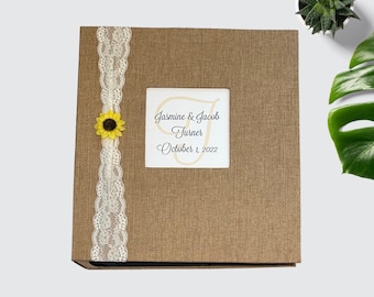 Sunflower & Lace Photo Album - Holds 600 or 1000 4x6" Photos- Wedding Engagement Present - Burlap Rustic Fall Picture Book