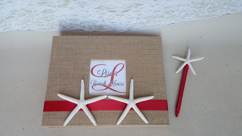 Pen Inlcuded Coastal Sign In Book Starfish Sand Surf Coast Cottage Home Beach House Guest Book Set Customized Monogram and Welcome Page